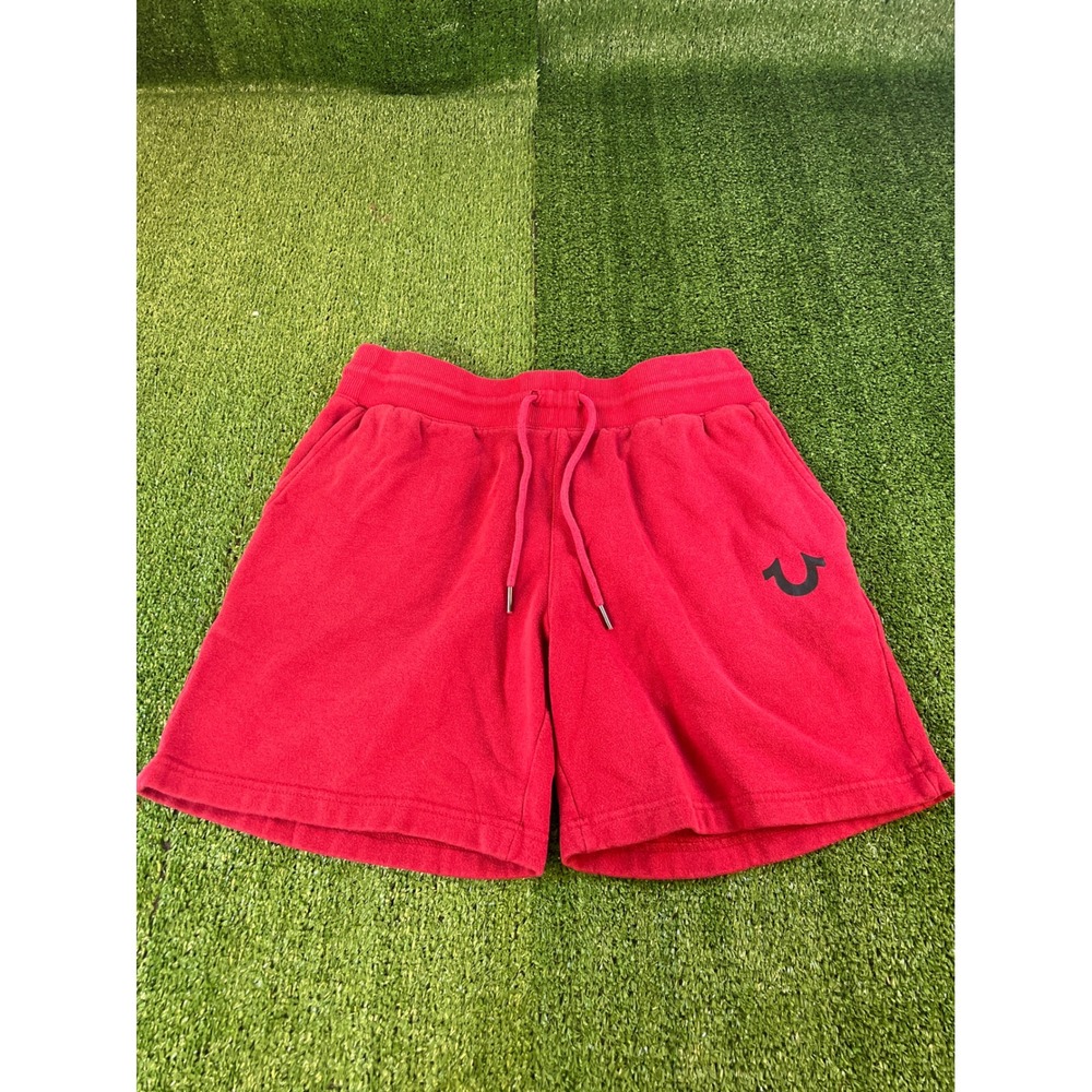 True Religion Mens Red Sweat Shorts Horseshoe Logo Drawstring Casual Size Medium